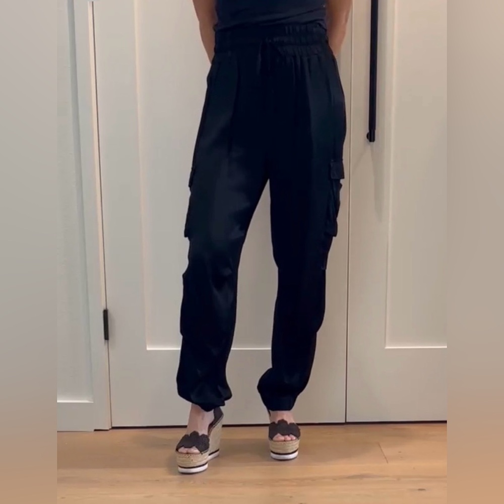 Black Satin Cargo Joggers - Women